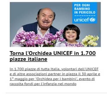 Unicef, torna iniziativa dell’Orchidea per i bambini