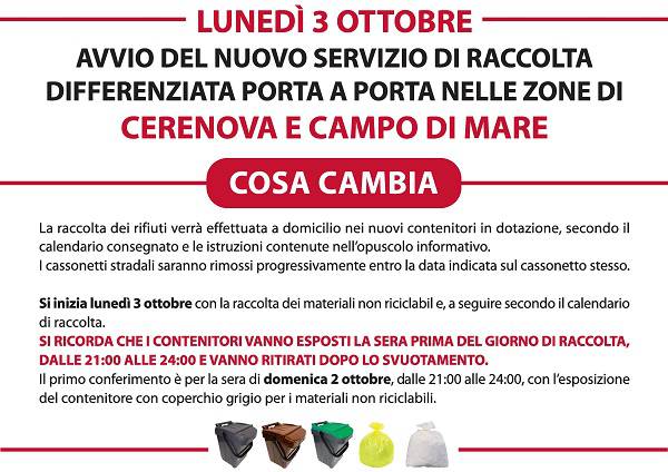 #cerveteri, lunedì 3 Ottobre si parte con la raccolta porta a porta a Cerenova e Campo di Mare