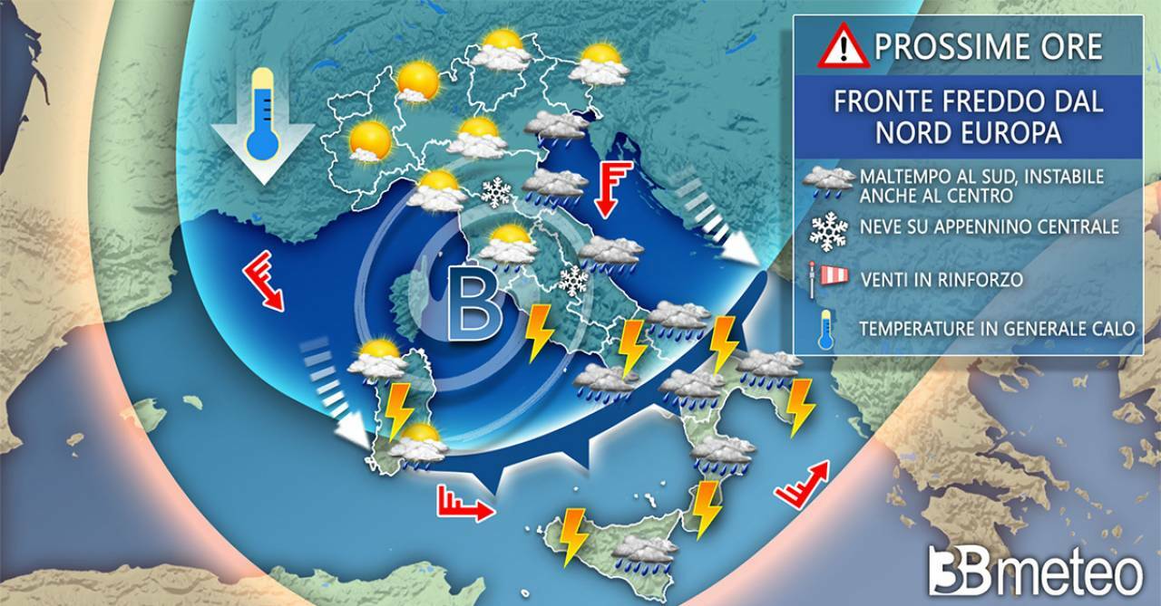 Meteo Italia: lunedì vortice ciclonico con piogge, temporali, grandine e NEVE, i dettagli