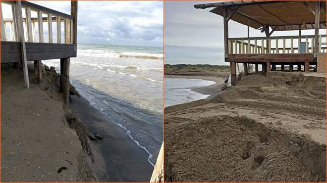 Focene, le mareggiate inghiottono altri 30 metri di spiaggia: a rischio crollo il “40 gradi all’ombra”