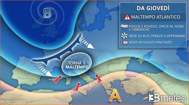 Nuovo stop all’anticiclone: da giovedì torna il maltempo atlantico con pioggia e neve