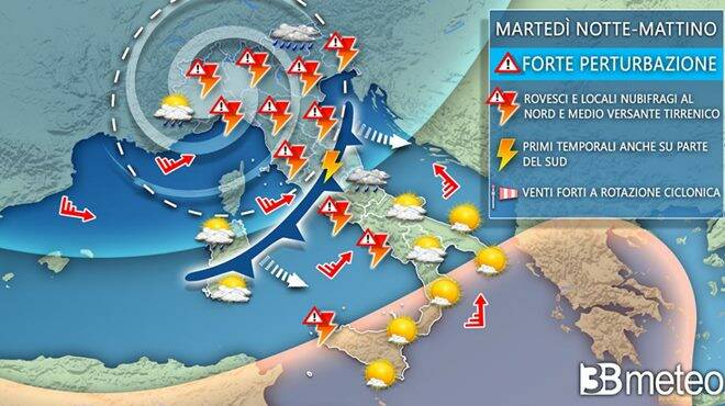 Meteo martedì: forte perturbazione in transito sull’Italia, con temporali e nubifragi