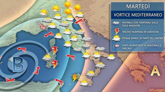 Meteo martedì: insiste il ciclone mediterraneo, con nuove piogge e temporali