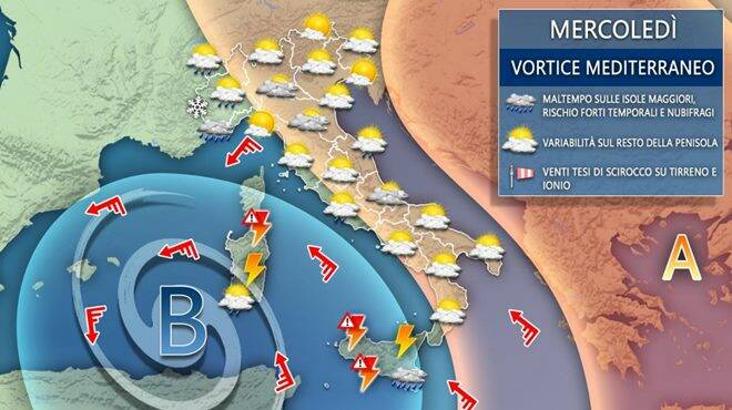 Meteo mercoledì: ancora vortice mediterraneo, con temporali, pioggia e poco sole