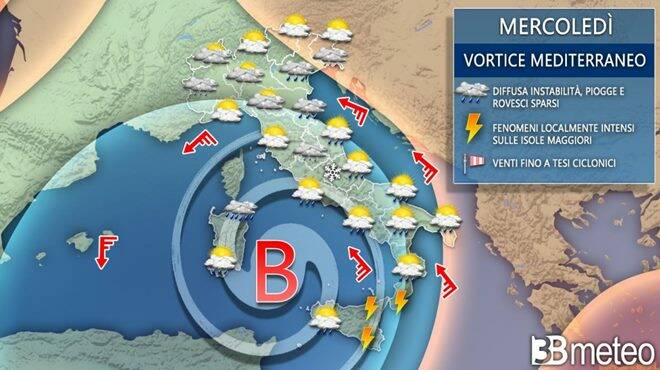 Meteo mercoledì, Italia ostaggio dei vortici mediterranei: altro maltempo