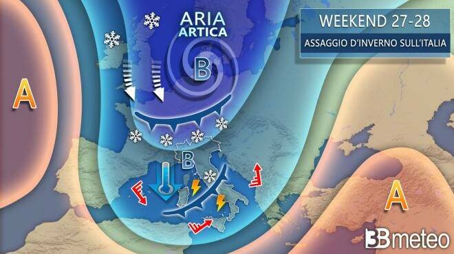 Meteo: sarà un weekend invernale con freddo, neve e temporali