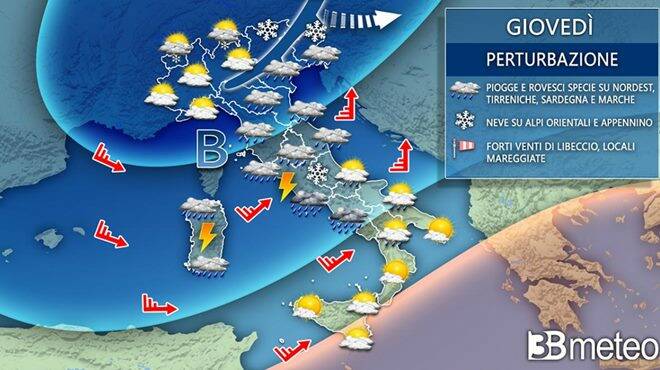 Meteo giovedì: perturbazione in transito sull’Italia, con pioggia, vento e neve