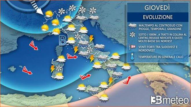 Meteo giovedì: instabile al Centrosud e neve a quote molto basse