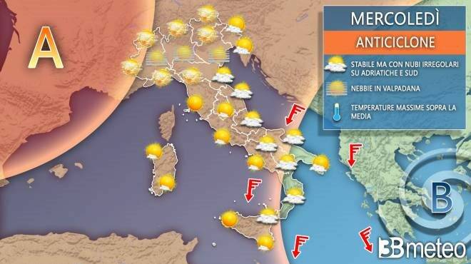 Meteo mercoledì: potente anticiclone sull’Italia, con stop all’inverno. Ma non durerà
