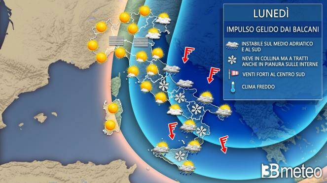 Meteo lunedì: in azione l’impulso gelido dai Balcani. Neve fino a bassa quota