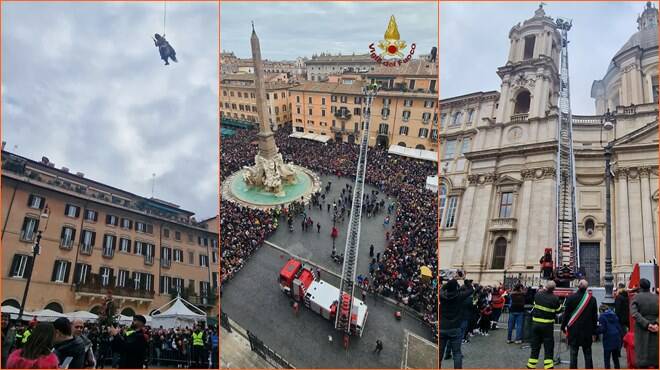 Roma: la befana torna a volare su piazza Navona “aiutata” dai Vigili del Fuoco