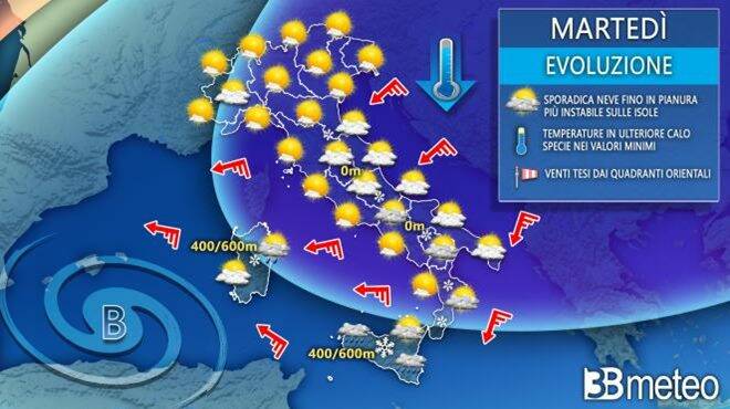 Meteo martedì: fase molto instabile sull’Italia, con freddo e neve. I dettagli