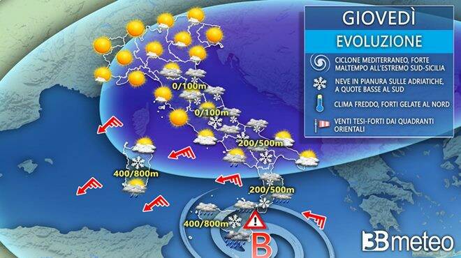 Meteo giovedì: Italia divisa tra freddo dalla Russia e ciclone mediterraneo. I dettagli