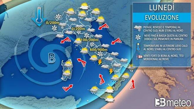 Meteo lunedì: irruzione artica sull’Italia, con venti forti e neve. I dettagli