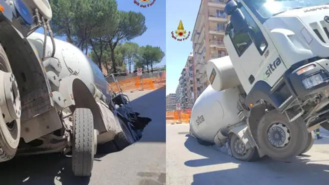 Un’altra voragine al Quadraro: sprofonda una betoniera in via Sestio Menas