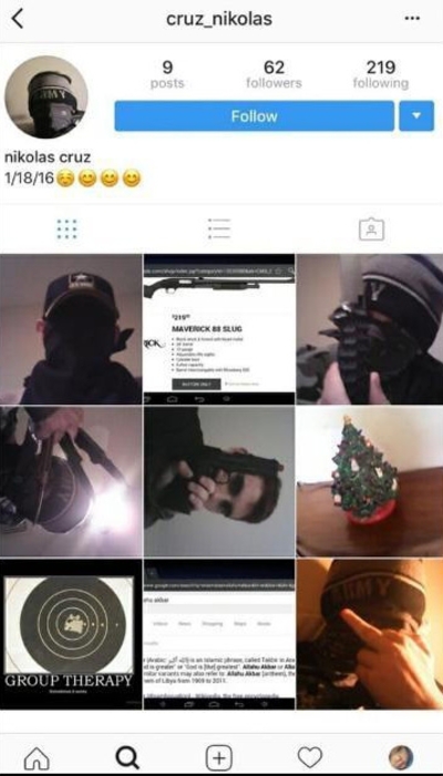 Le immagini di Nikolas Cruz, il diciannovenne autore della strage in un liceo di Parkland, in Florida, postate dallo stesso Cruz sul suo profilo Instagram, successivamente chiuso. 15 febbraio 2018.