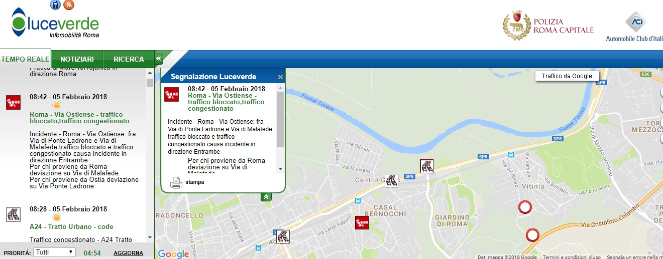La segnalazione del traffico su via Ostiense sul sito di Luceverde