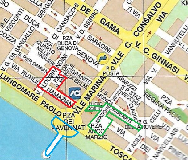 In azzurro l'isola pedonale del Pontile, in verde quella di piazza Anco Marzio e in rosso quella di via Rutilio Namaziano