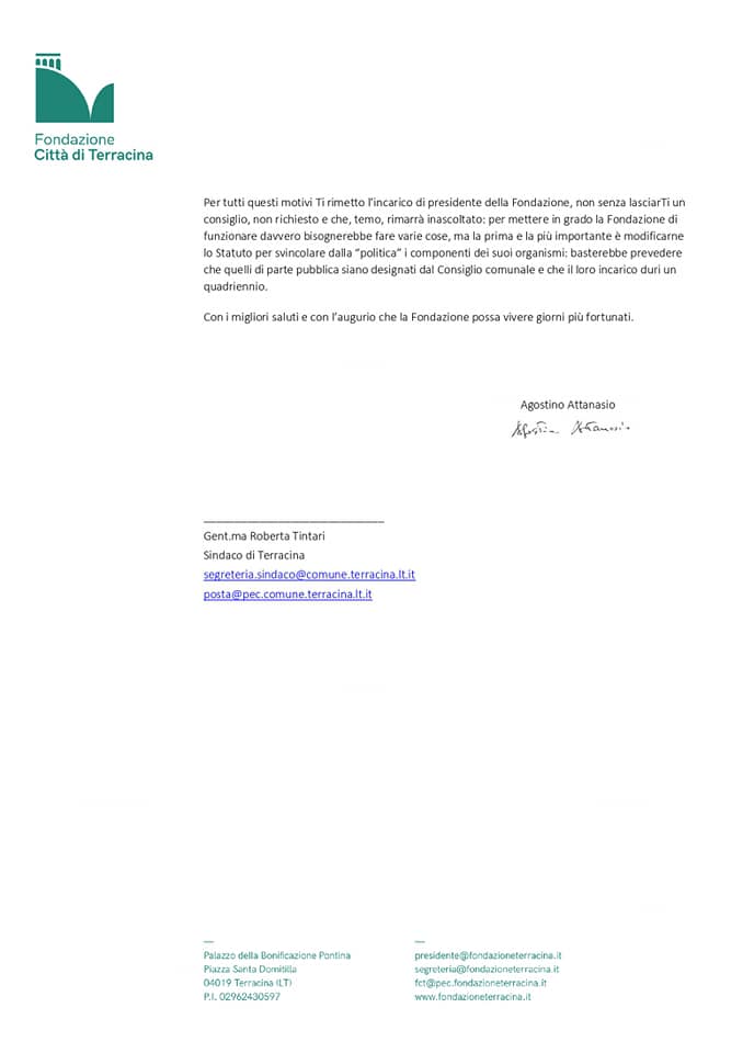Lettera dimissioni Presidente fondazione "Città di Terracina"